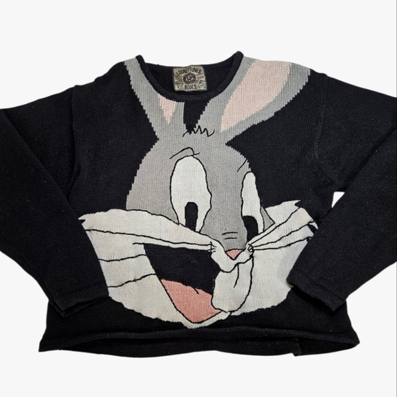 VINTAGE Looney Tunes Blues Women's Cropped Knit Bugs Bunny Sweater M/L 90s - Picture 1 of 4